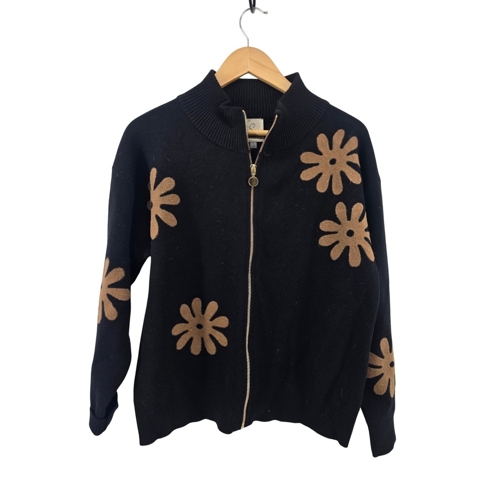 Sioni Cardigan Sweater Womens Large Black Daisy Floral Mock Neck Full Zip Knit*